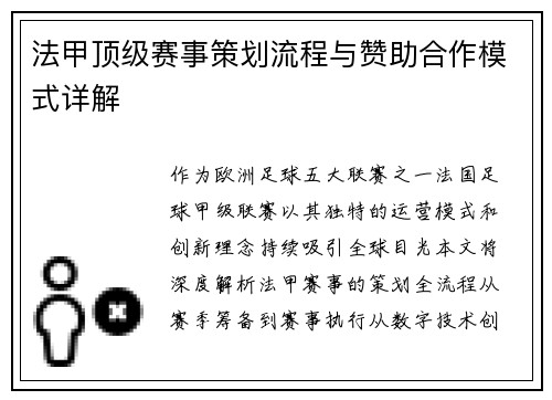 法甲顶级赛事策划流程与赞助合作模式详解
